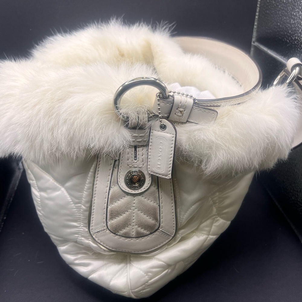 Coach Cream Quilted Fur-Trim Bucket Bag